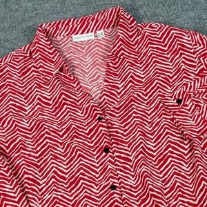 Susan Graver 3XP Red White Chevron Print Button Up V Neck Blouse Holiday Party